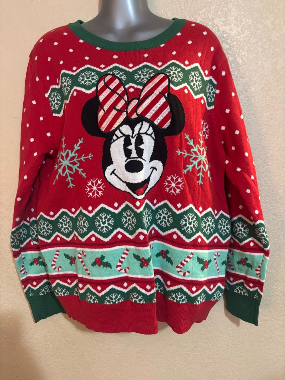 NEW Disney Minnie Mouse Red Holiday Christmas Sweater Women Large Sequin Bow NWT